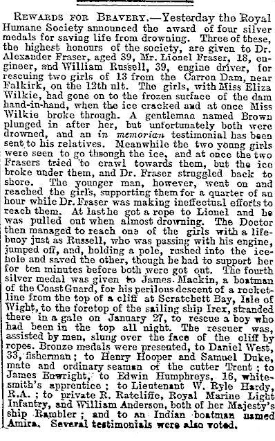 Newspaper Article 1890 Carron Dam Incident., March 20, 1890, Linked To: <a href='i933.html' >William Notman Russell</a>